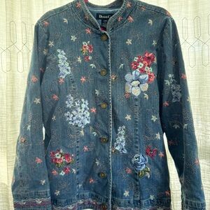 Denim&Co Vintage Stretch Cotton Floral Embroidered Lined Denim Jacket